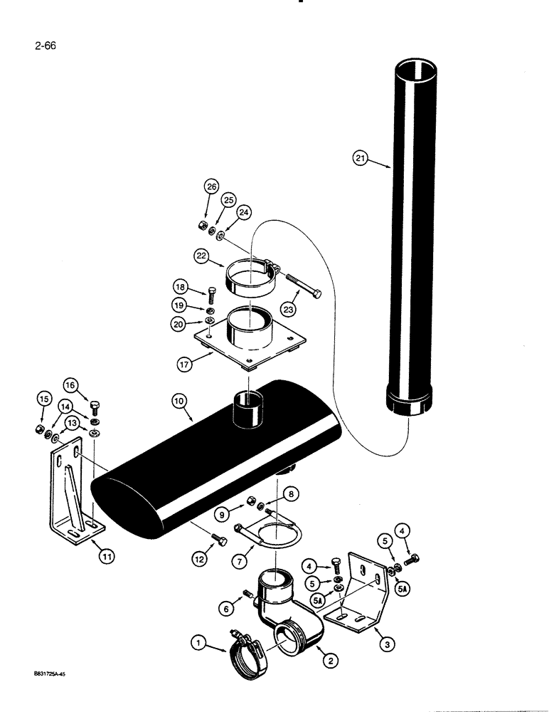 Схема запчастей Case 455C - (2-66) - MUFFLER MOUNTING AND EXHAUST PARTS, MODELS WITH A TURBOCHARGER, IF USED (02) - ENGINE