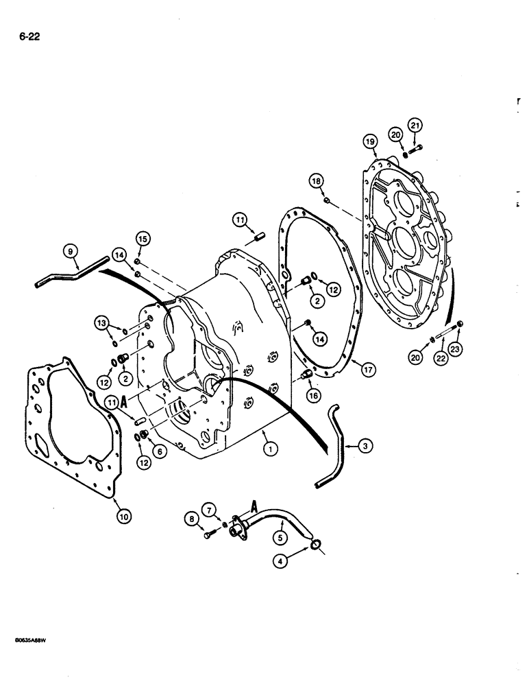 Схема запчастей Case 680L - (6-22) - TRANSMISSION HOUSING, REAR COVER, AND TUBES, TWO WHEEL AND FOUR WHEEL DRIVE MODELS (06) - POWER TRAIN