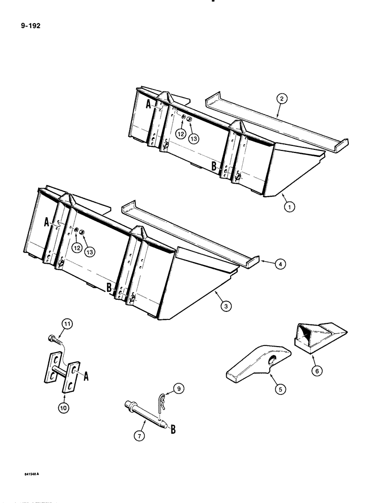 Схема запчастей Case 1835B - (9-192) - BUCKETS, 6" (152 MM) CUTTING EDGE, DIRT BUCKET, UTL BUCKET, BUCKET TEETH, LOADER ATTACH BAR MOUNTING (09) - CHASSIS/ATTACHMENTS