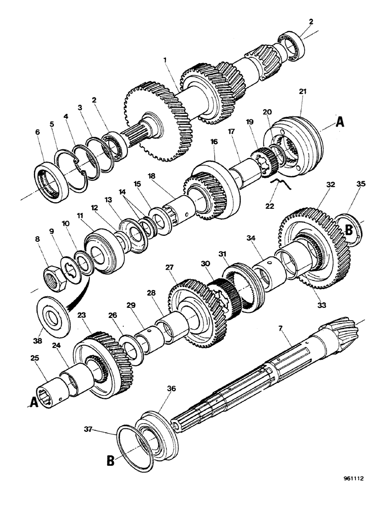 Схема запчастей Case 580G - (162) - TRANSAXLE - SHAFTS AND GEARS FOR GEARBOX (06) - POWER TRAIN