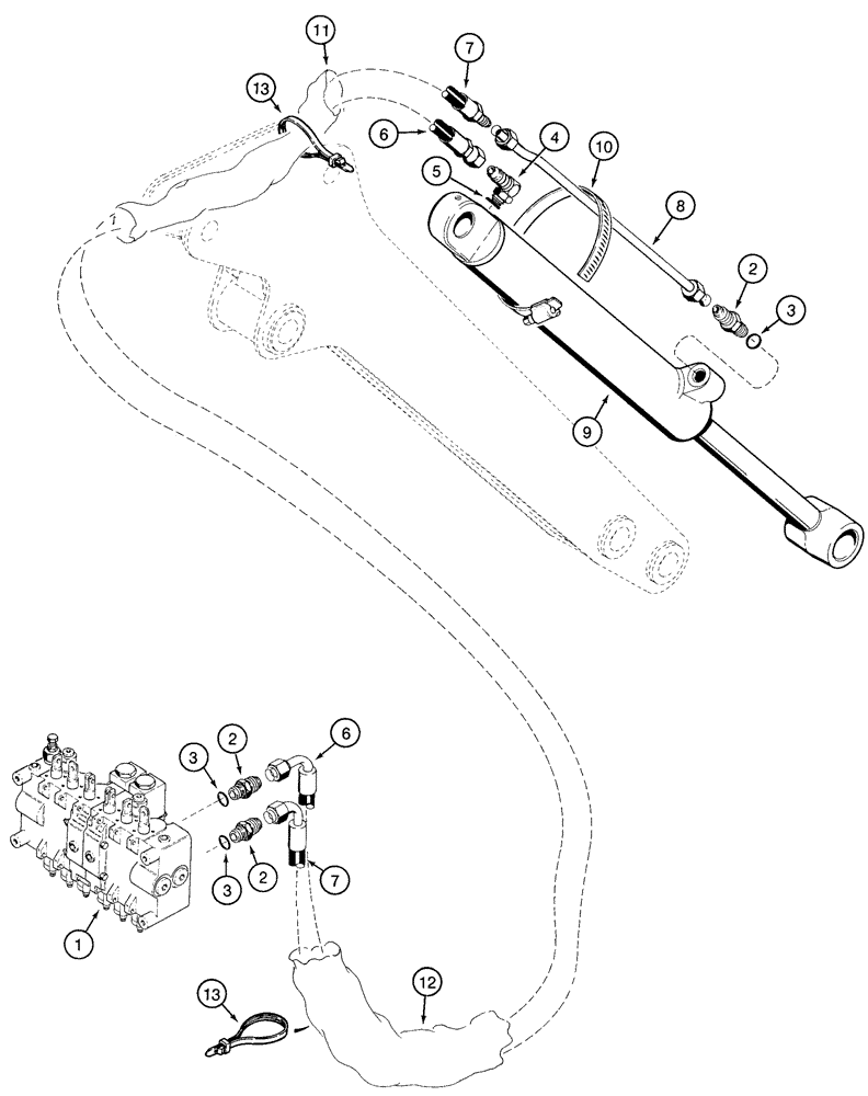 Схема запчастей Case 85XT - (08-47) - HYDRAULIC SYSTEM BACKHOE BUCKET CYLINDER NORTH AMERICA, D125 BACKHOE, WITH HOSES AT CONTROL VALVE (08) - HYDRAULICS