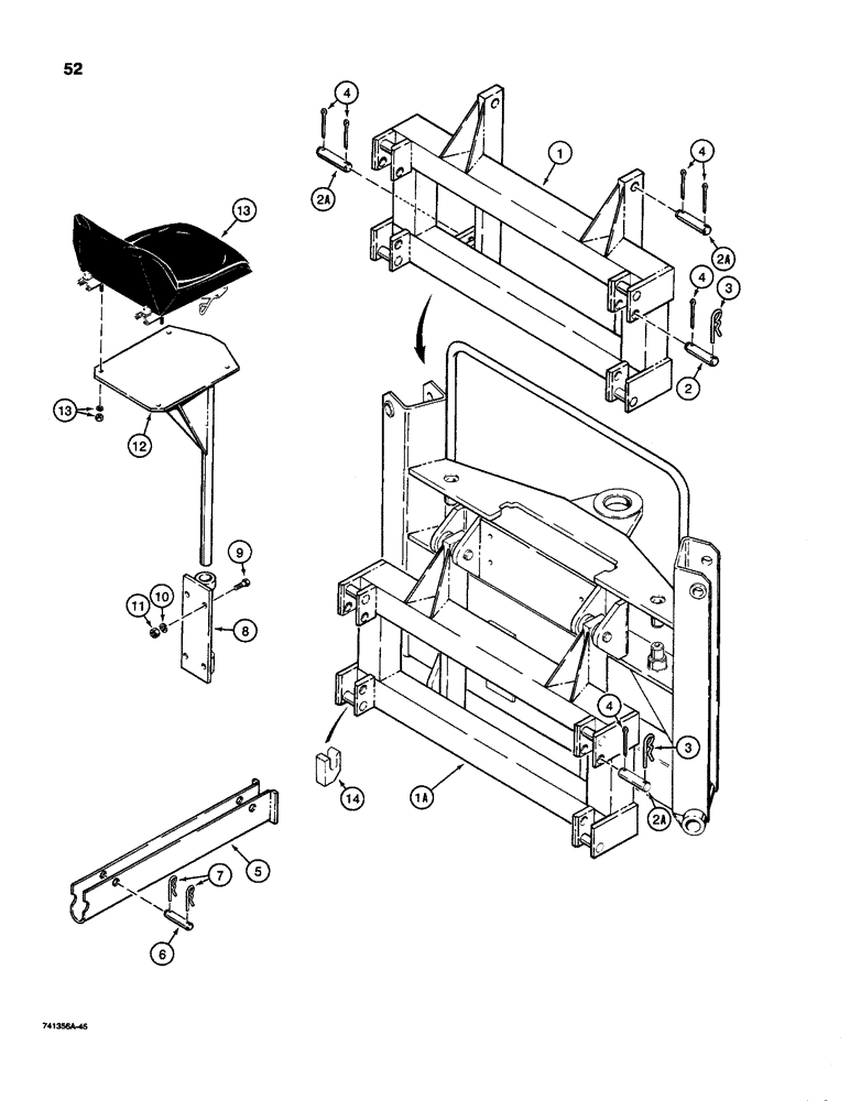 Схема запчастей Case D100 - (9-52) - MOUNTING FRAME &SEAT, FOR ALL 1500 SERIES, 1530B & 1700 SERIES, ALSO 150M, 170, 180 & 190 UNI-LOADER 