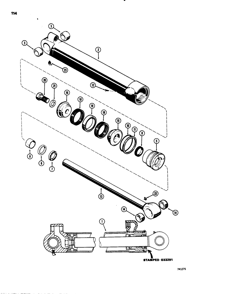 Схема запчастей Case 26C - (114) - G33291 BUCKET CYLINDER, WITH TWO PIECE PISTON, GLAND IS STAMPED WITH CYLINDER PART NUMBER 