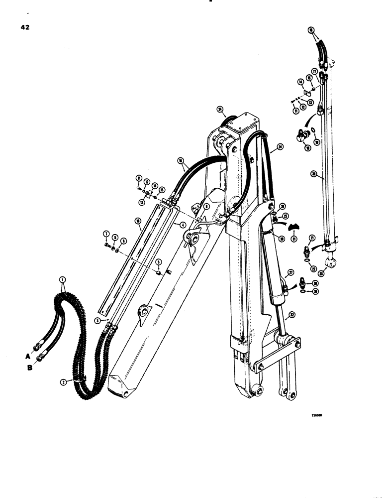 Схема запчастей Case 26C - (042) - EXTENDABLE DIPPER HYDRAULIC CIRCUIT, BACKHOE SN. 5305201 AND AFTER, COUPLINGS TO DIPPER EXTNSN CYLND 