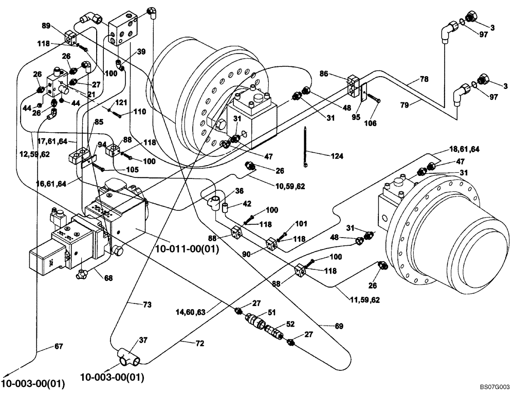 Схема запчастей Case SV216 - (10-004-00[01]) - HYDRAULICS - TRAVEL - REAR (GROUP 305 A) (ND127513) (08) - HYDRAULICS