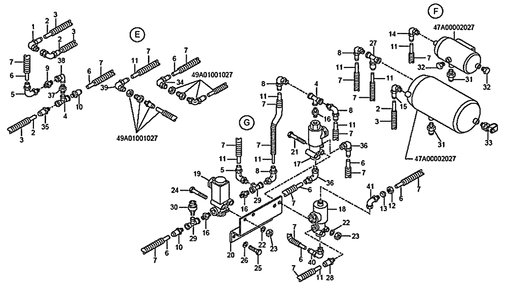 Схема запчастей Case 340B - (49A02001027[001]) - AIR TANKS, FRONT FRAME ( E F G ) PNEUMATICS (87612818) (09) - Implement / Hydraulics / Frame / Brakes