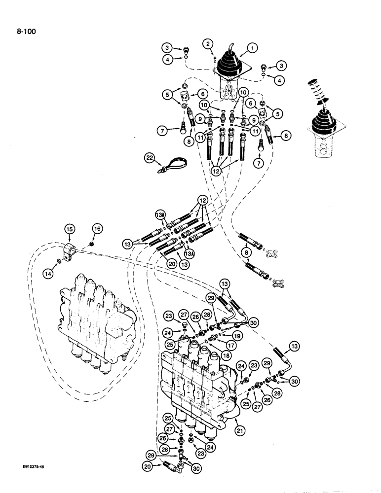 Схема запчастей Case 1085C - (8-100) - HYDRAULIC HAND CONTROL CIRCUIT, LEFT-HAND HAND CONTROL VALVE TO ARM AND SWING CONTROL VALVE (08) - HYDRAULICS