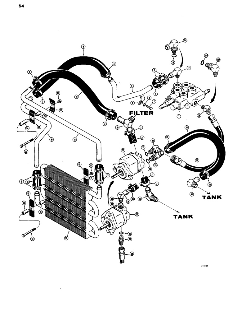 Схема запчастей Case 1816 - (54) - COOLING CIRCUIT AND BASIC EQUIPMENT HYDRAULIC, USED BEFORE TRACTOR SERIAL NO. 9816660 (35) - HYDRAULIC SYSTEMS