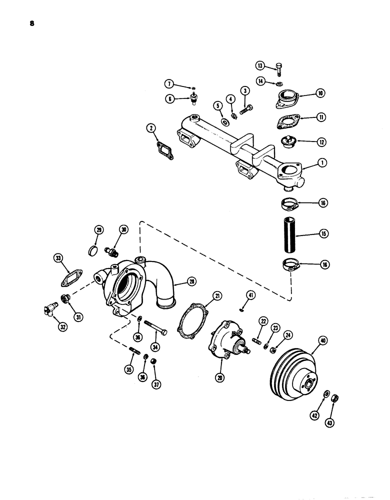 Схема запчастей Case 680E - (008) - WATER MANIFOLD AND THERMOSTAT, 386BD DIESEL ENGINE, WATER (10) - ENGINE