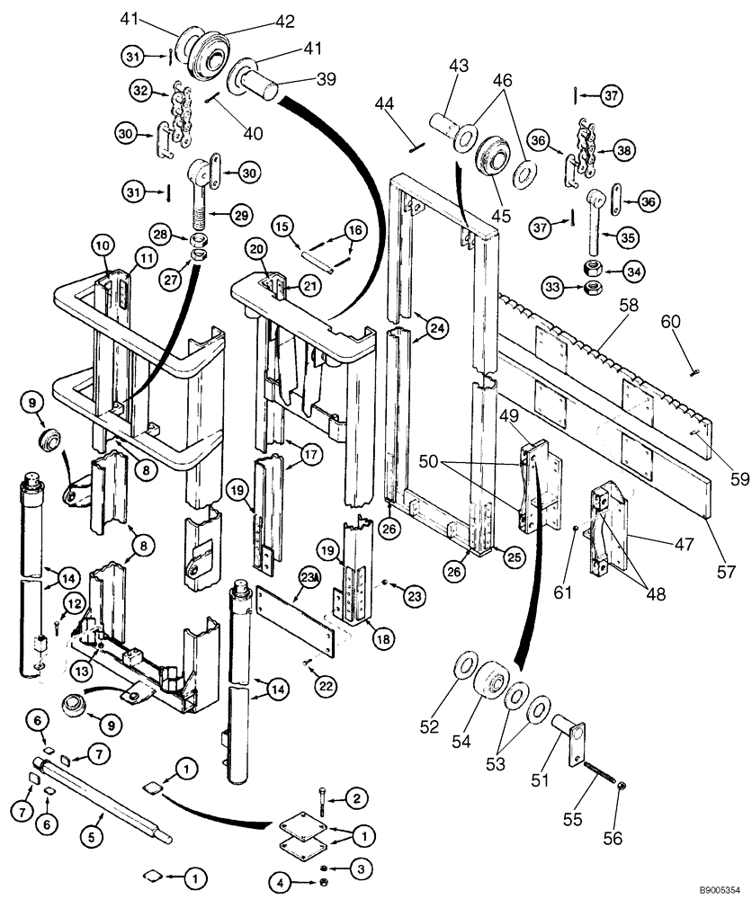 Схема запчастей Case 585E - (9-068) - 6.5 M (21-1/2 FOOT) MAST FOR 585E, MODELS WITH DUAL LIFT CYLINDER, WITH 31 DEGREE FORWARD MAST TILT (09) - CHASSIS/ATTACHMENTS