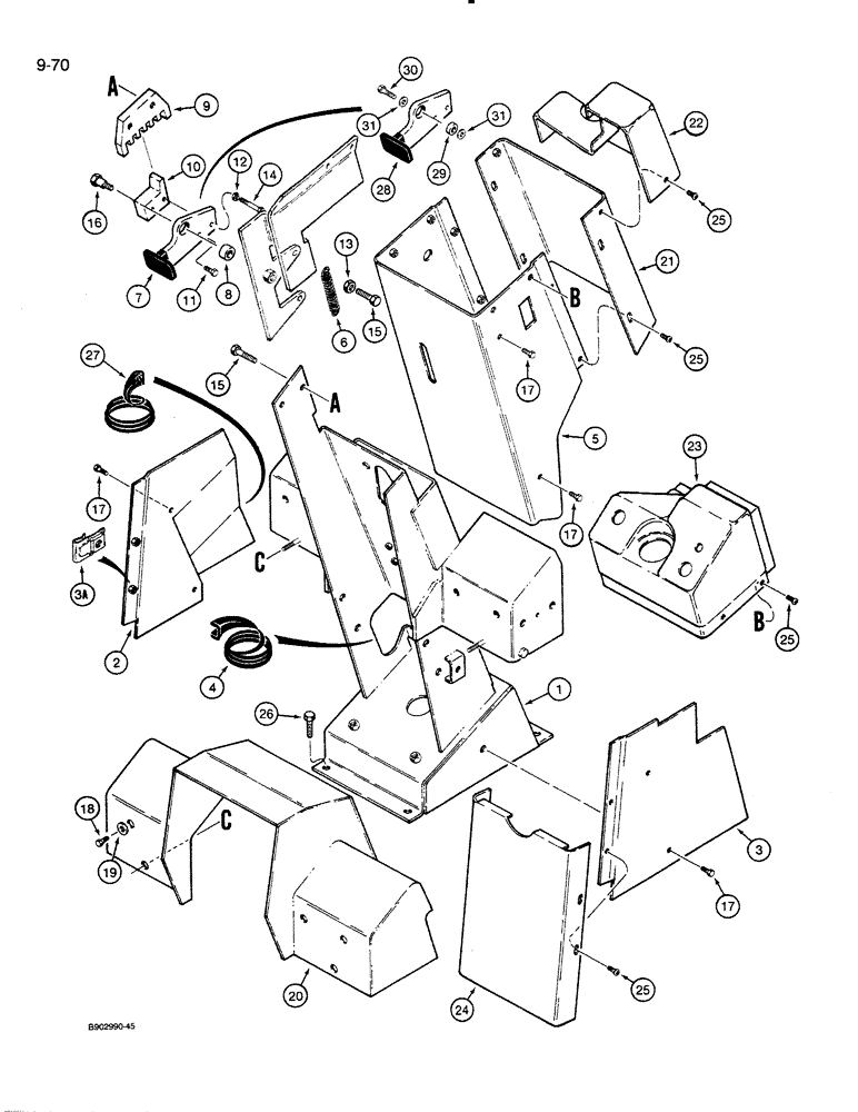 Схема запчастей Case 821 - (9-070) - PEDESTAL COVERS AND TILT LATCH, *PRIOR TO P.I.N. JAK0024165 (09) - CHASSIS/ATTACHMENTS