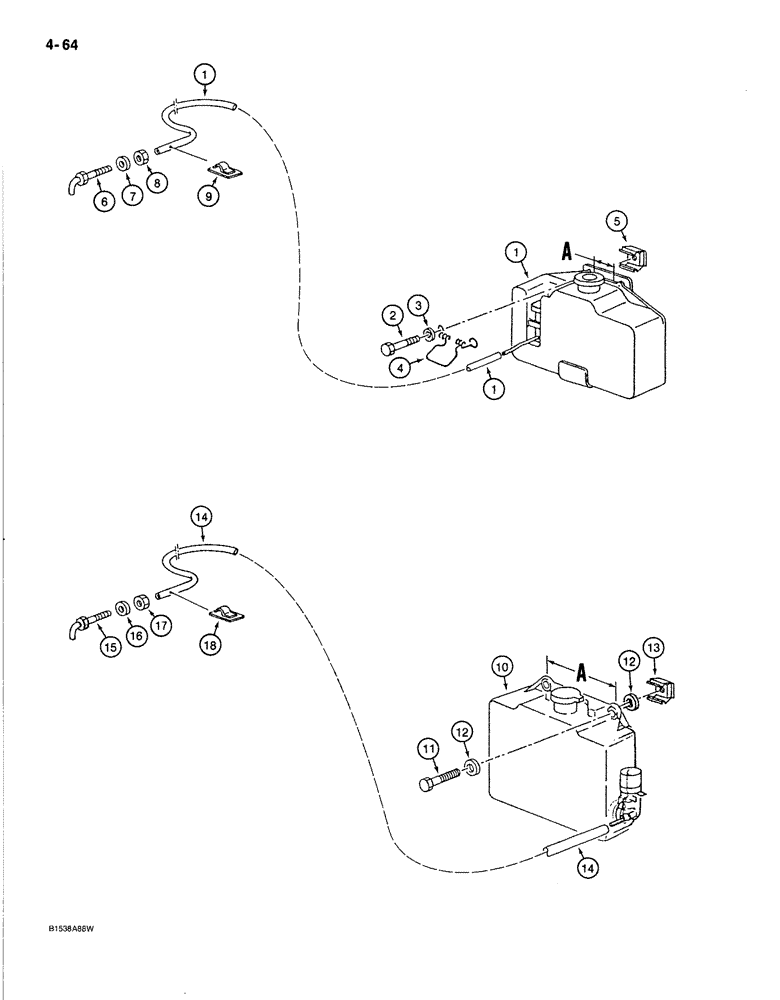 Схема запчастей Case 170B - (4-64) - CAB WNDSHLD WASHR,PIN 74341-74456,WSHR RESRVR MOUNTING BRKT " A" 3 3/16" (81 MM), 5 5/16" (135 MM) (04) - ELECTRICAL SYSTEMS