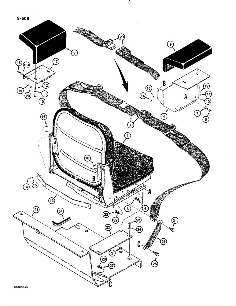 Схема запчастей Case 1450B - (9-508) - SUSPENSION SEAT, SEAT BELT, AND ARMRESTS (09) - CHASSIS/ATTACHMENTS