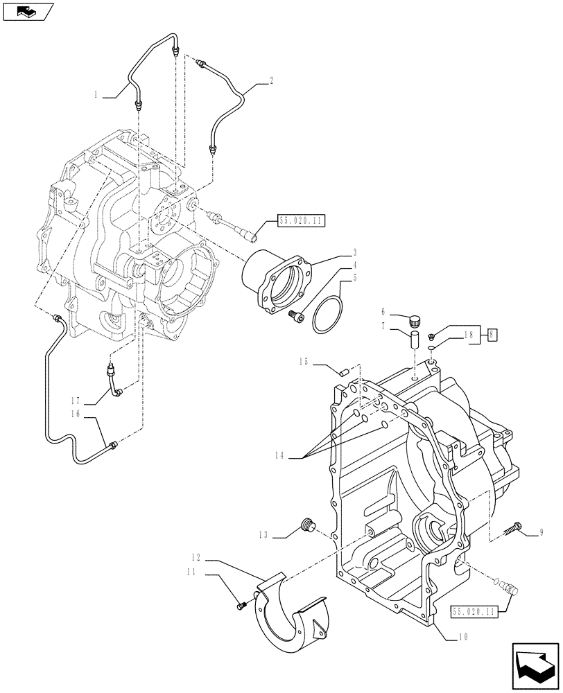 Схема запчастей Case 580SN WT - (21.113.0402[02]) - VAR - 423062 - POWERSHIFT H-TYPE 4WD - HOUSING, REAR & THERMOSTAT (21) - TRANSMISSION