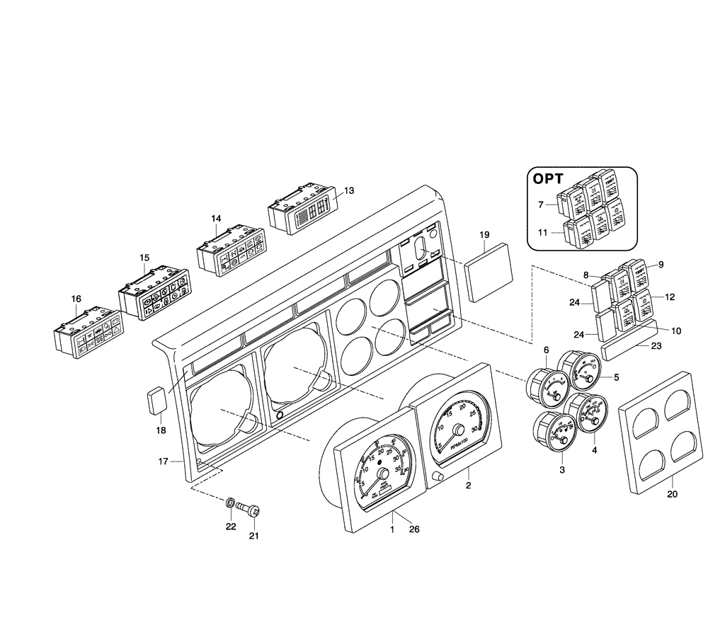 Схема запчастей Case 330 - (67A00011239[02]) - ELECTRICAL EQUIPMENTS - INSTRUMENT PANEL - OPTION (13) - Electrical System / Decals