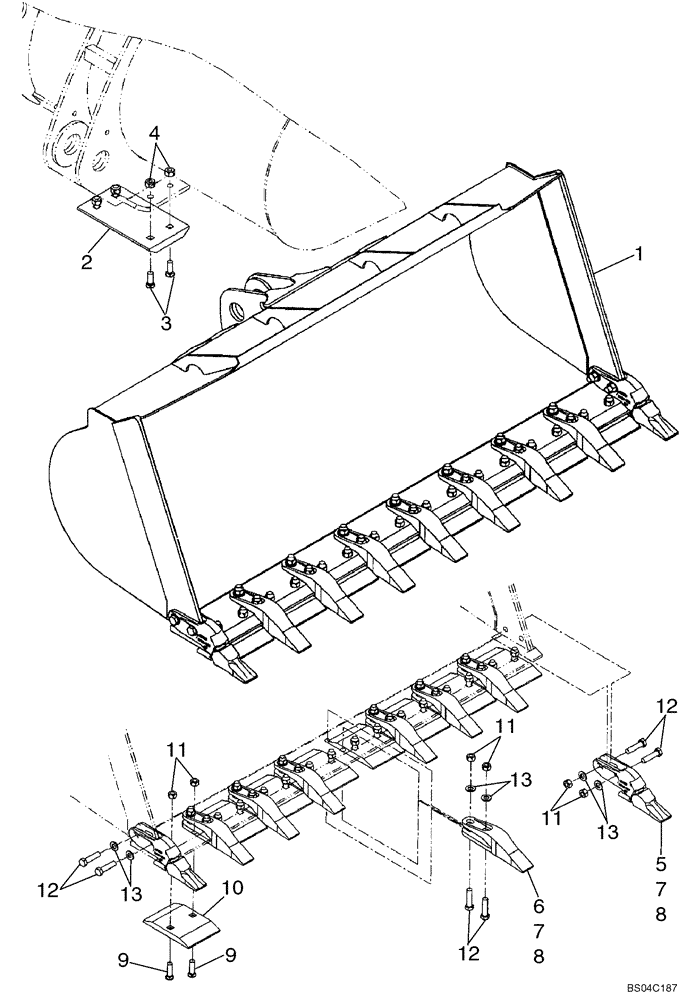 Схема запчастей Case 821E - (09-08) - LOADER BUCKET - WITH TEETH, SEGMENTS AND SKID PADS/COUPLERS (09) - CHASSIS