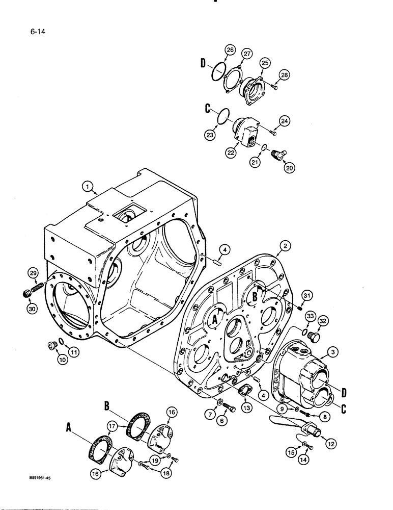 Схема запчастей Case 450C - (6-14) - TRANSMISSION HOUSING AND FRONT COVERS, MODELS WITH WET BRAKES, P.I.N. GBE 0001501 AND AFTER (06) - POWER TRAIN