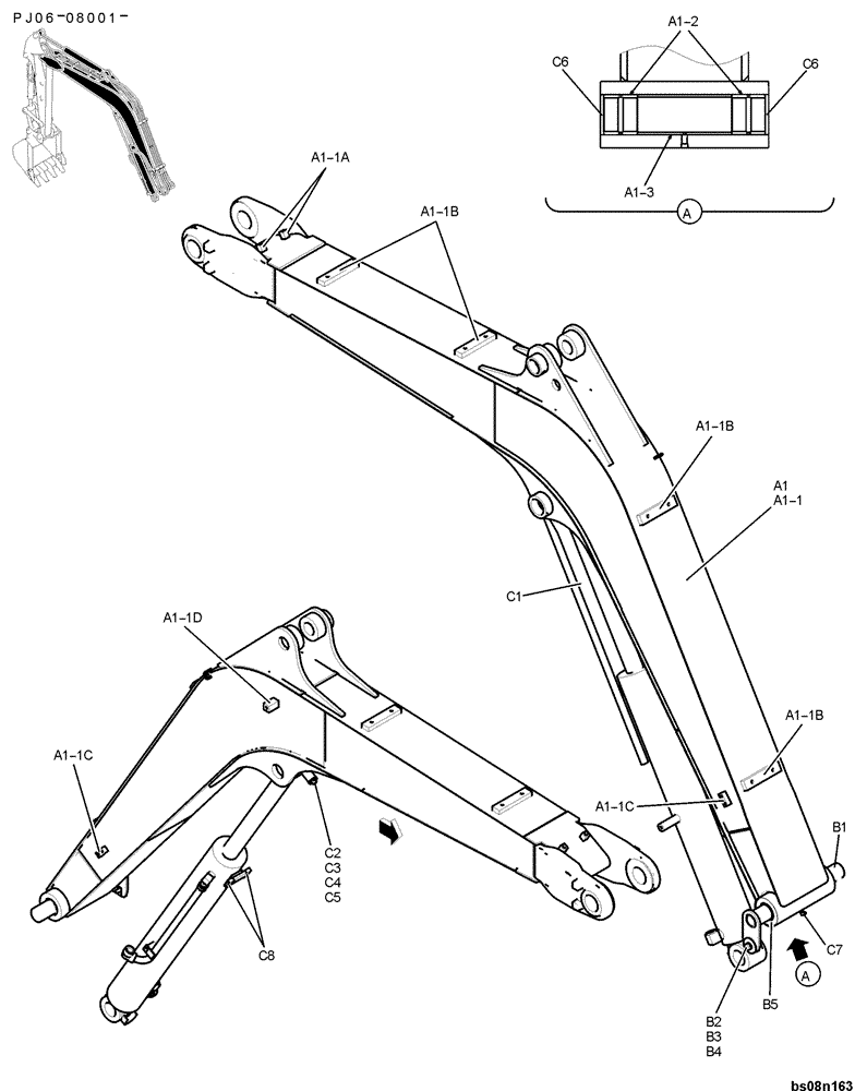 Схема запчастей Case CX50B - (03-002) - BOOM ASSY, STD 2.79M (9FT 2IN) (PY02B00099F1 & PH02B00084F1 & PY02B00137F1) Attachments