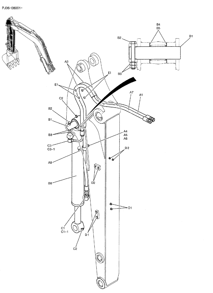 Схема запчастей Case CX50B - (03-007) - HYD LINES, ARM 1.56M (5FT 1IN) (PY43H00024F1 & PH12B00103F1 & PY43H00023F1) Attachments