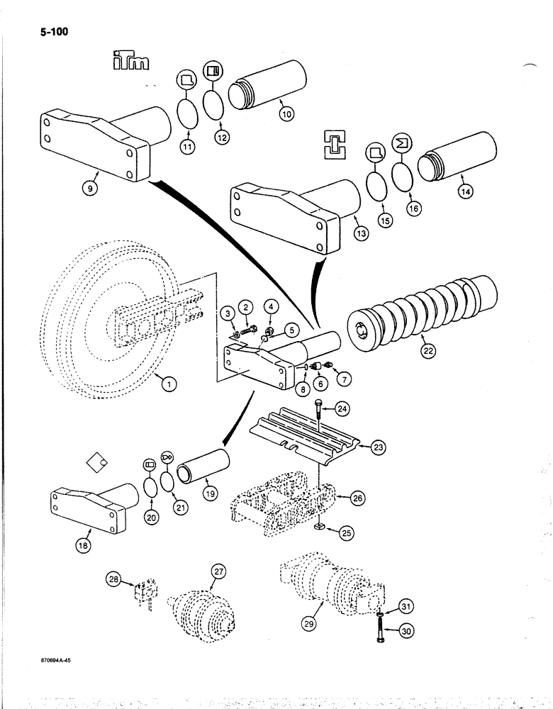 Схема запчастей Case 170B - (5-100) - TRACK ADJUSTMENT CYLINDER AND TRACK SHOES, P.I.N. 74341 THRU 74456 (11) - TRACKS/STEERING