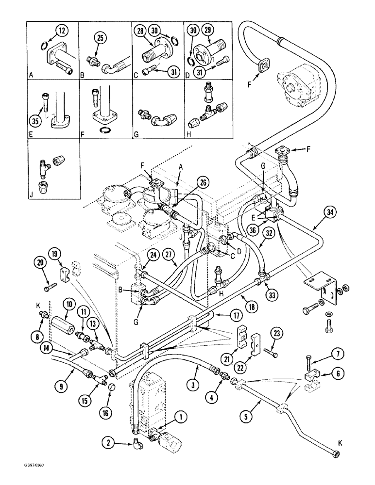 Схема запчастей Case 170C - (8-020) - HYDRAULIC CIRCUIT RETURN LINES, TO OIL COOLER AND FAN MOTOR (08) - HYDRAULICS