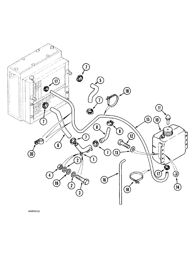 Схема запчастей Case 888 - (2-20) - COOLANT RECOVERY SYSTEM, P.I.N. 15576 THRU 15633, P.I.N. 106803 THRU 106808 (02) - ENGINE