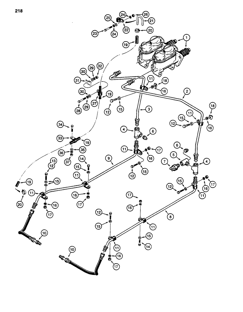 Схема запчастей Case 480D - (218) - BRAKE MASTER CYLINDER HYDRAULIC CIRCUIT, MODELS WITHOUT/WITH OR WITHOUT SELF-FILLING BRAKE SYSTEM (33) - BRAKES & CONTROLS