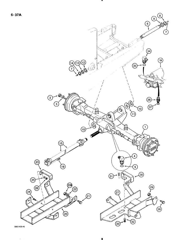 Схема запчастей Case 580K - (6-037A) - FRONT DRIVE AXLE MOUNTING AND DRIVE SHAFT, FOR D149174 ORD146847 FRONT DRIVE AXLE (06) - POWER TRAIN