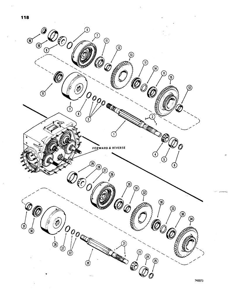 Схема запчастей Case 850 - (118) - FORWARD-REVERSE CLUTCH AND P.T.O. SHAFT, 1ST USED TRANS. S/N 2697154, 1ST USED TRAC. S/N 7074053 (03) - TRANSMISSION