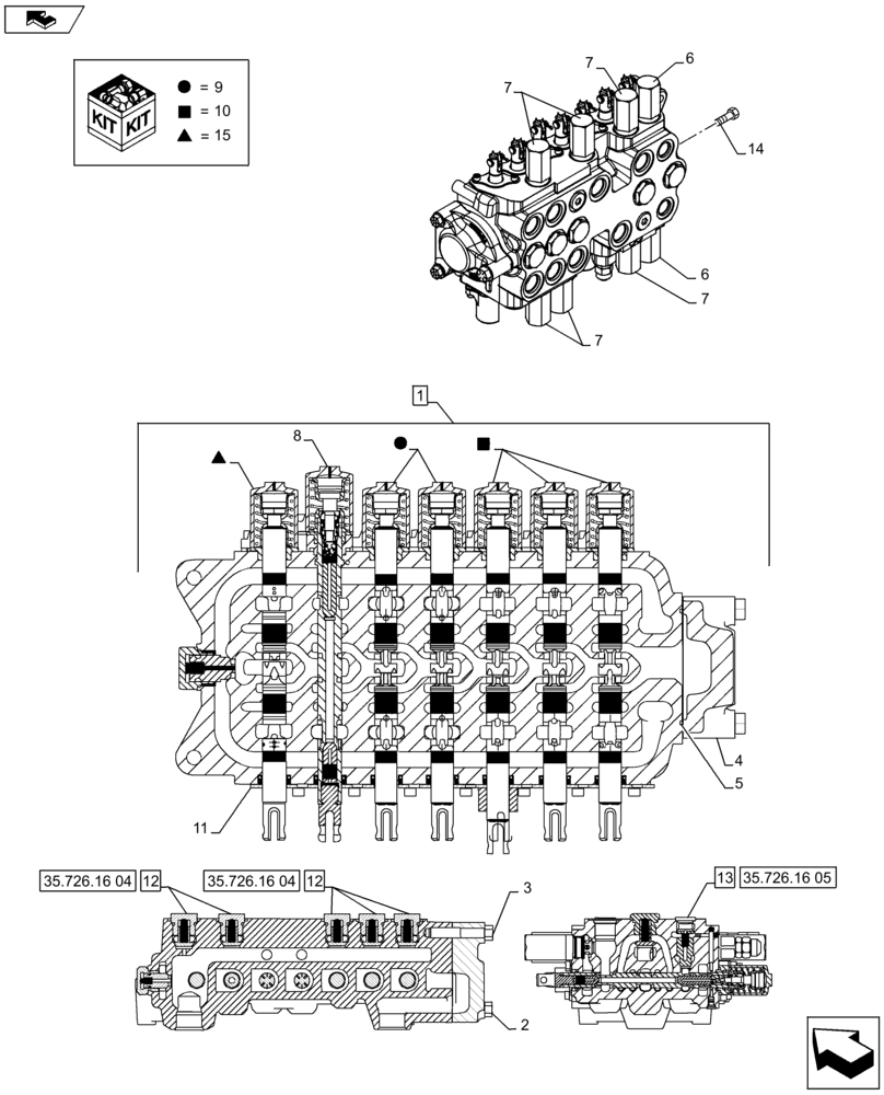 Схема запчастей Case 590SN - (35.726.1607[01]) - BACKHOE CONTROL VALVE, 7-SPOOL, COMPONENTS, W/ EXTENDABLE DIPPER, W/ FOOT SWING CONTROLS - C7373 (35) - HYDRAULIC SYSTEMS