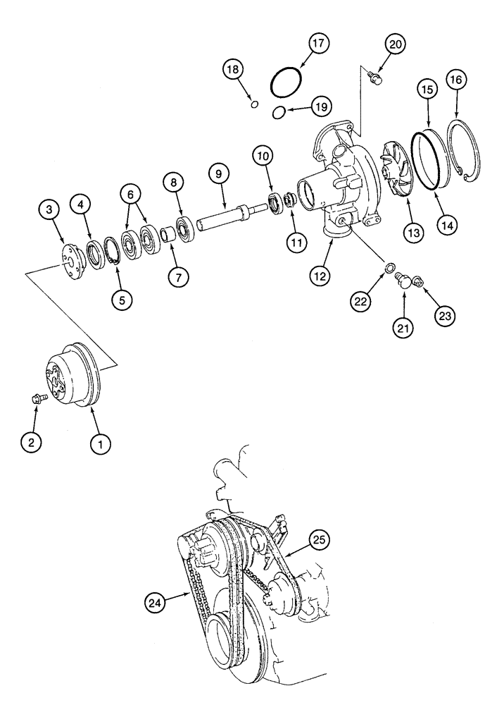 Схема запчастей Case 9050 - (2-16) - WATER PUMP ASSEMBLY AND BELTS (02) - ENGINE