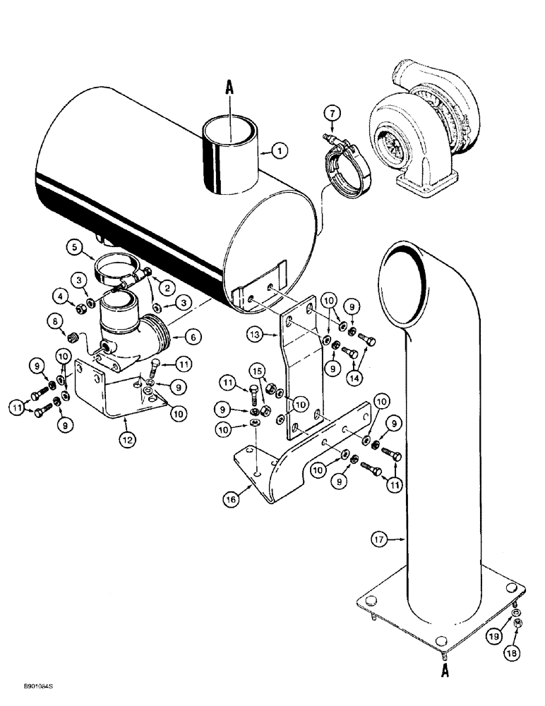 Схема запчастей Case 621B - (2-14) - MUFFLER AND EXHAUST SYSTEM, PRIOR TO P.I.N. JEE0053350 (02) - ENGINE