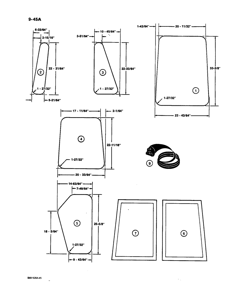 Схема запчастей Case W11B - (9-045A) - CAB GLASS, SIMS CAB WITH PUSH BUTTON TYPE DOOR HANDLE (09) - CHASSIS/ATTACHMENTS