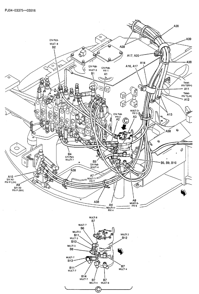 Схема запчастей Case CX50B - (02-043) - CONTROL LINES, REMOTE (MULTI) P/N HX33L04195DR (05) - SUPERSTRUCTURE