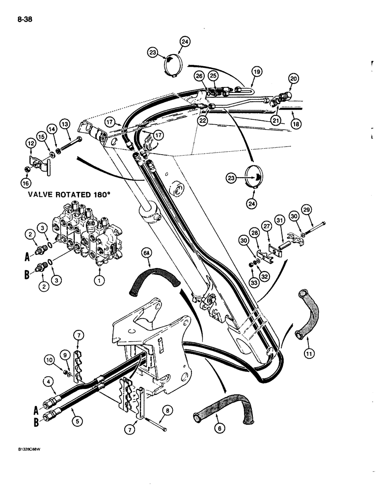 Схема запчастей Case 680L - (8-038) - BACKHOE BUCKET CYLINDER HYDRAULIC CIRCUIT, WITHOUT EXTENDABLE DIPPER (08) - HYDRAULICS