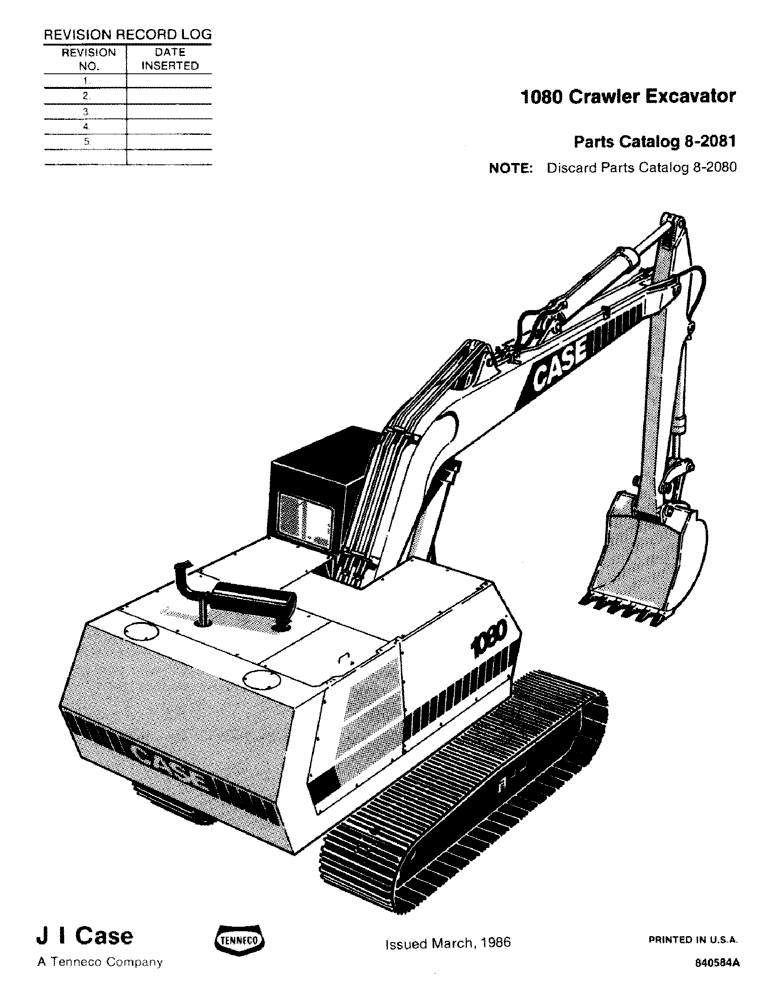 Схема запчастей Case 1080 - (001) - 1080 CRAWLER EXCAVATOR (00) - GENERAL & PICTORIAL INDEX