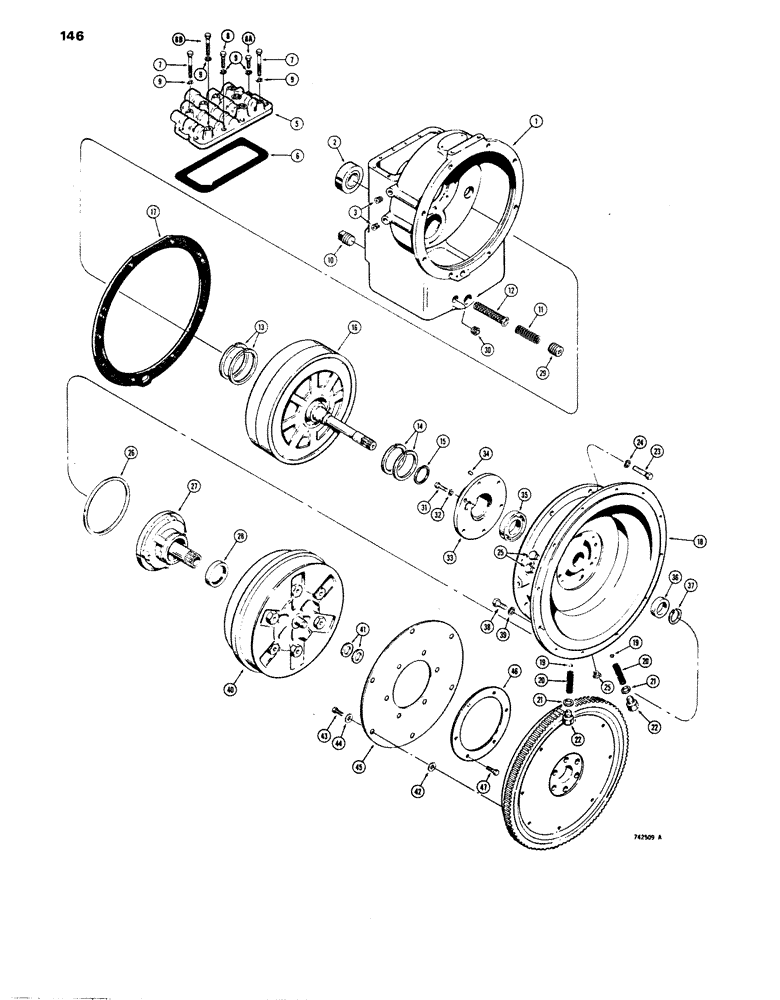 Схема запчастей Case 680E - (146) - TRANSMISSION, TORQUE CONVERTER HOUSING AND PUMP, TRANSMISSION S/N 75001 AND AFTER (21) - TRANSMISSION