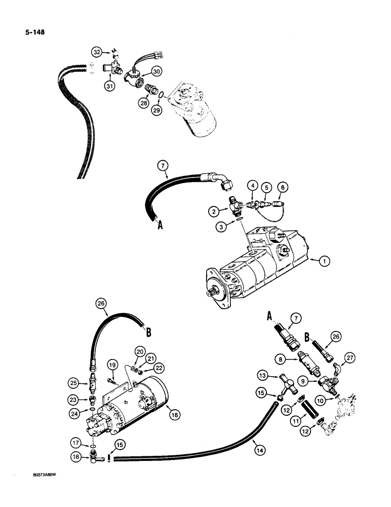 Схема запчастей Case W36 - (5-148) - STEERING HYDRAULIC CIRCUIT - PUMP TO RESERVOIR, USED ON MODELS WITH AUXILIARY STEERING (05) - STEERING