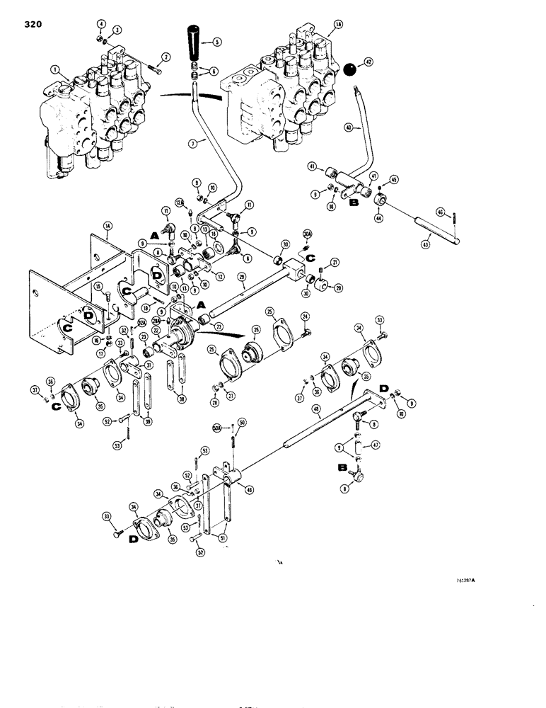 Схема запчастей Case 1150B - (320) - EQUIPMENT CONTROL VALVE AND LEVERS, TWO LEVERS - 3 SPOOL, VALVES ARE STAMPED W/ CASE PART NUMBER (07) - HYDRAULIC SYSTEM