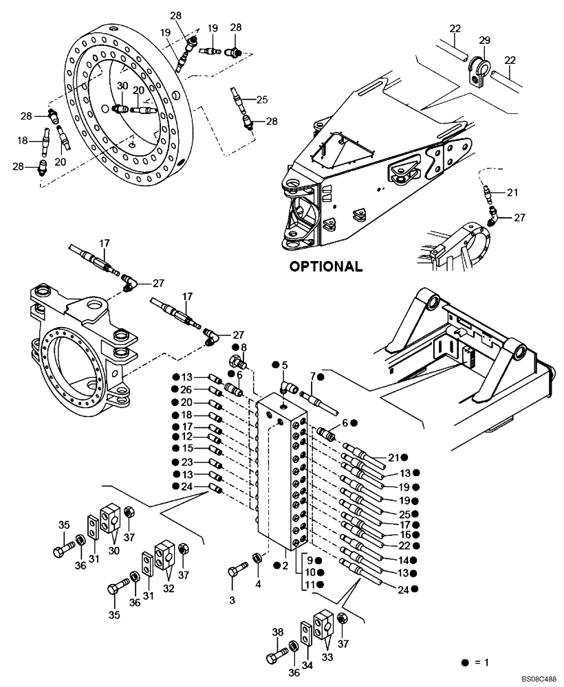 Схема запчастей Case 340B - (94A01020526[001]) - CIRCUIT OF AUTOMATIC GREASING - REAR FRAME (87613508 REV C) (19) - OPTIONS