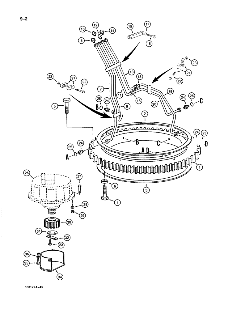 Схема запчастей Case 125B - (9-002) - TURNTABLE BEARING AND LUBRICATION LINES, P.I.N. 74251 THROUGH 74844 (09) - CHASSIS