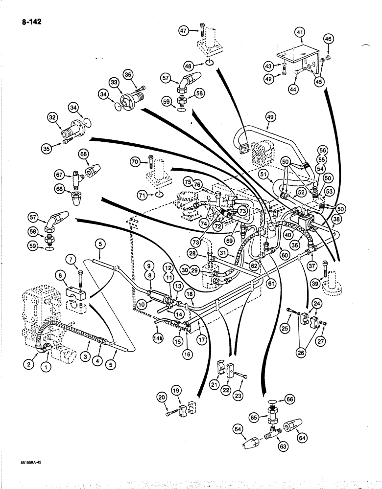 Схема запчастей Case 170B - (8-142) - HYDRAULIC CIRCUIT RETURN LINES, TO OIL COOLER AND FAN MOTOR, P.I.N. 74341 THRU 74456 (08) - HYDRAULICS