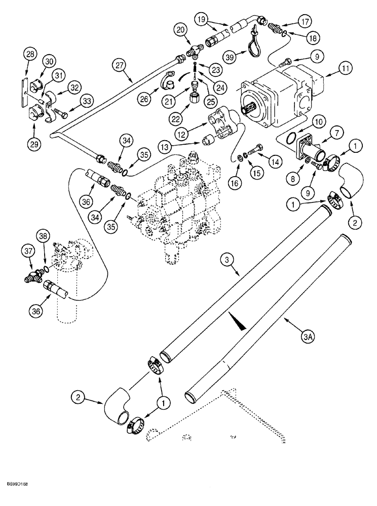 Схема запчастей Case 580SL - (8-005A) - EQUIP HYDRAULIC SYSTEM, RESERVOIR TO LOADER CONTROL & LOADER VALVE TO FILTER, W/TUBE FLANGE AT PUMP (08) - HYDRAULICS