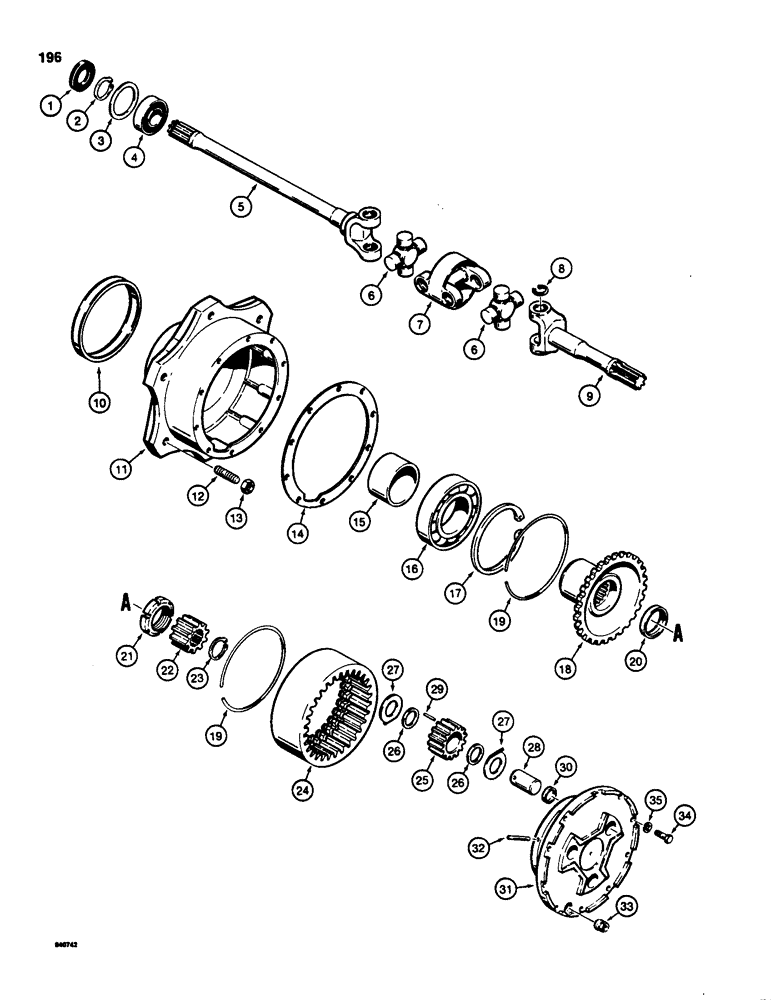 Схема запчастей Case 580D - (196) - FRONT DRIVE AXLE, AXLE SHAFT AND PLANETARY (06) - POWER TRAIN