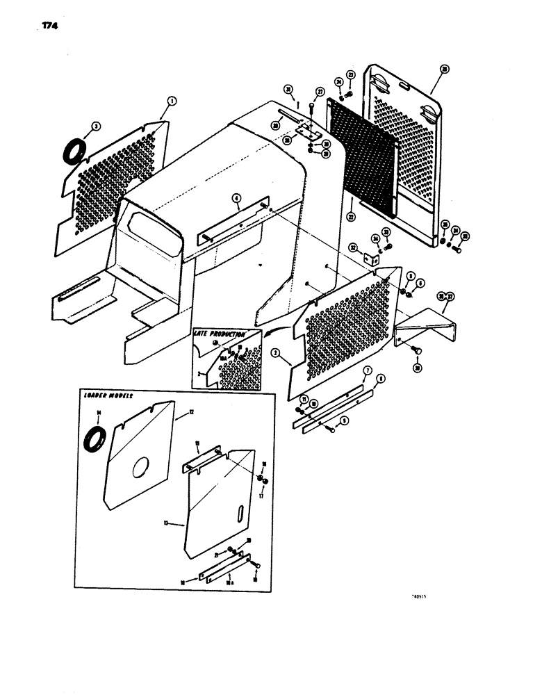 Схема запчастей Case 450 - (174) - SIDE SHEILDS AND BRUSH GUARDS, SIDE SHEILD (USED ON DRAWBAR AND DOZER MODELS ONLY) (05) - UPPERSTRUCTURE CHASSIS