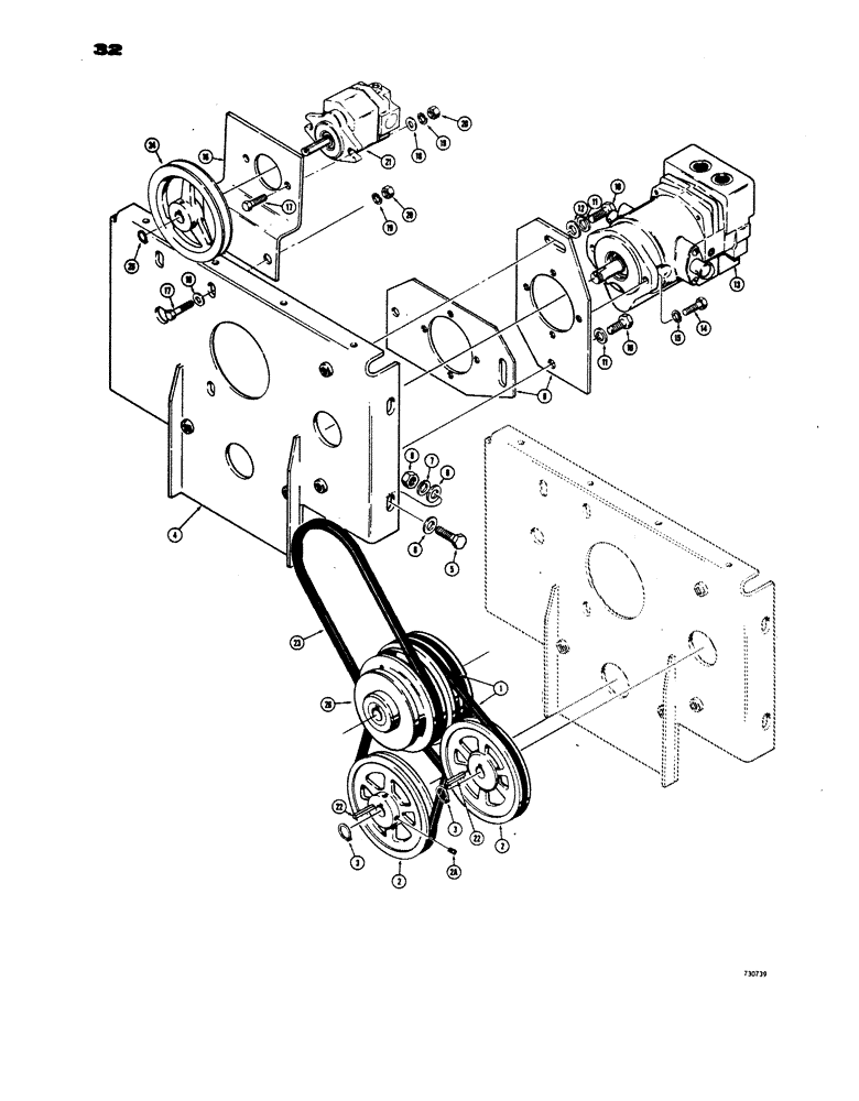 Схема запчастей Case 1816 - (32) - SHEAVES, DRIVE BELTS AND PUMP MOUNTING, USED BEFORE TRACTOR SERIAL NO. 9826660 (14) - MAIN GEARBOX & DRIVE