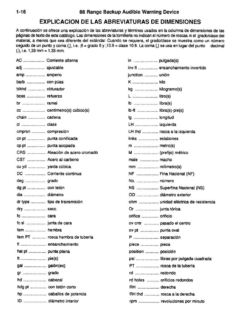 Схема запчастей Case 788 - (1-16) - EXPLANATION OF DIMENSION ABBREVIATIONS (SPANISH) 