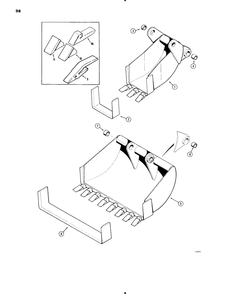 Схема запчастей Case 35 - (098) - BACKHOE BUCKETS, BELLHOLE BUCKETS, COMBINATION BELLHOLE AND GRAVEYARD BUCKET, BUCKET TEETH 