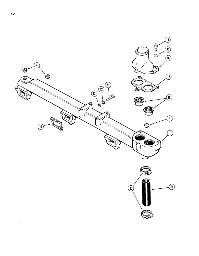 Схема запчастей Case 1150D - (012) - WATER MANIFOLD AND THERMOSTAT, 504BD AND 504BDT DIESEL ENG (02) - ENGINE