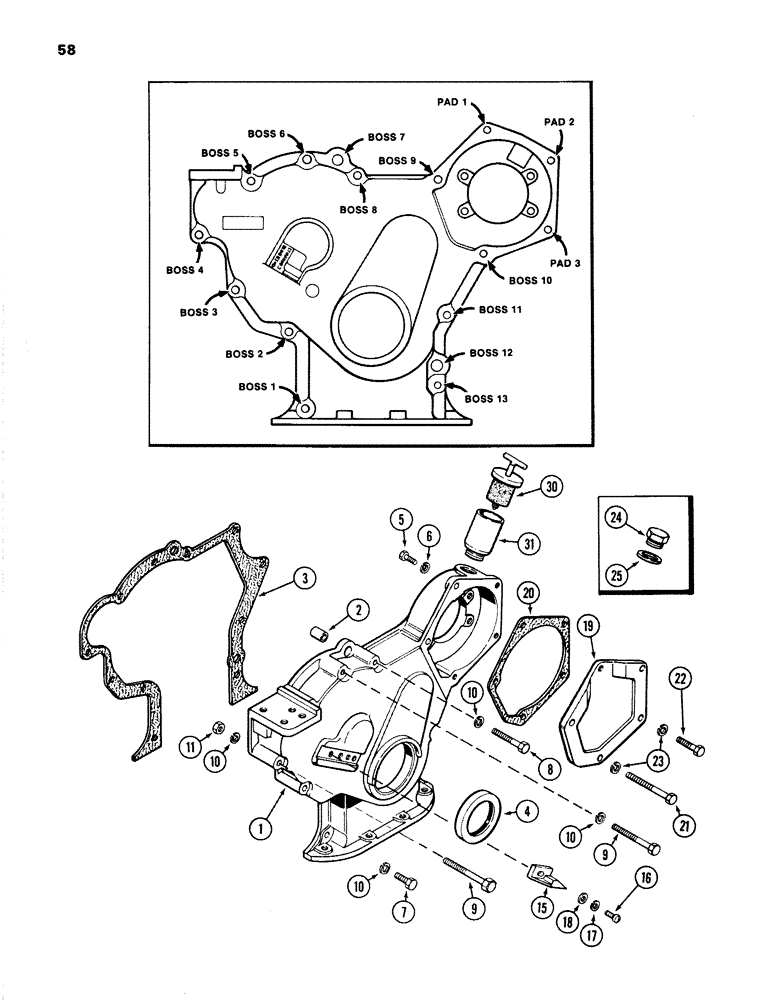 Схема запчастей Case 1280 - (058) - TIMING GEAR COVER, 504BDT DIESEL ENGINE (01) - ENGINE